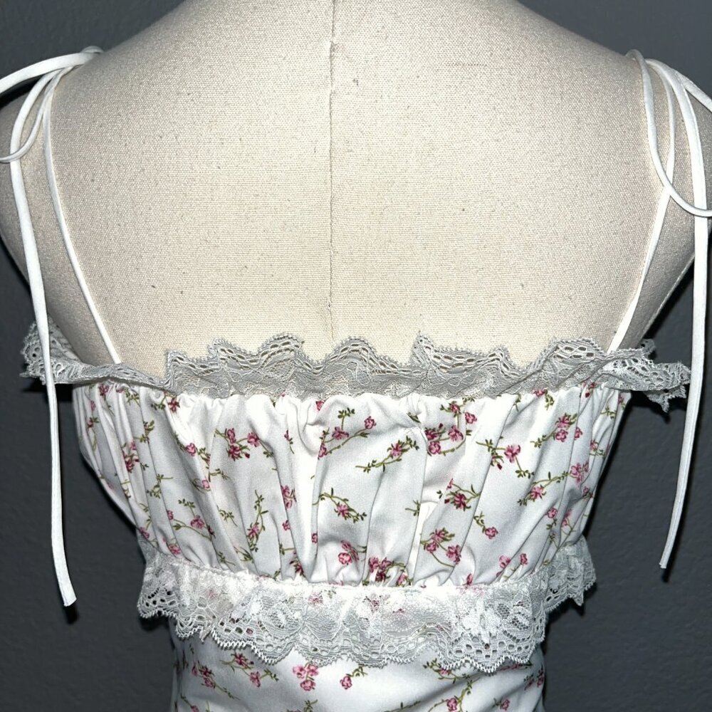 2bella Boutique Spaghetti Strap Ruffle Tie Bottom Mini Dress -White Ditzy Floral - Picture 6 of 15